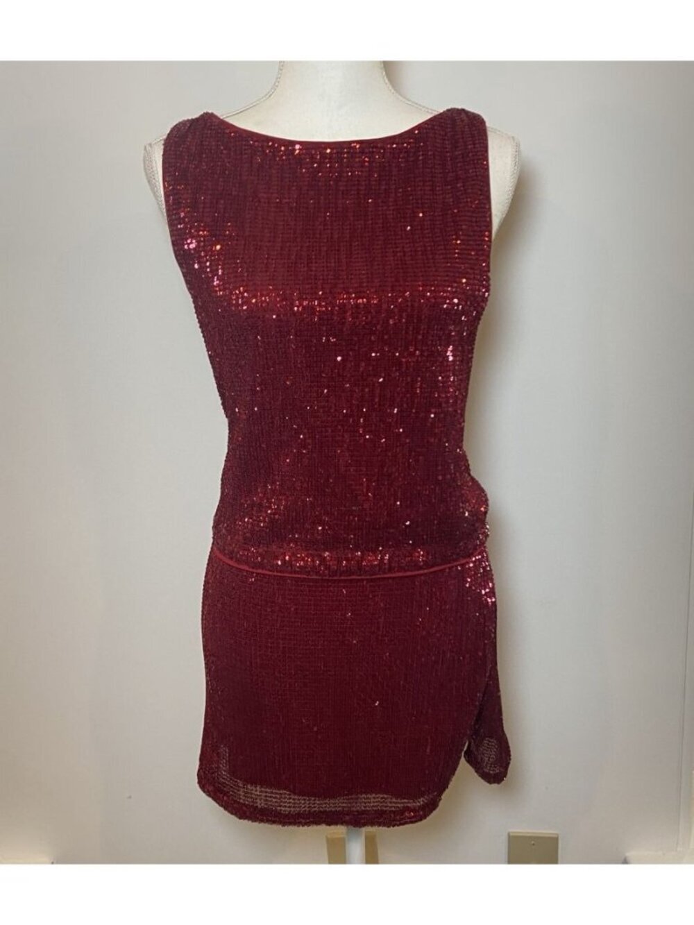 Lovers and Friends 2 Piece Set Skirt Top Sequin Holiday Dark Red S M